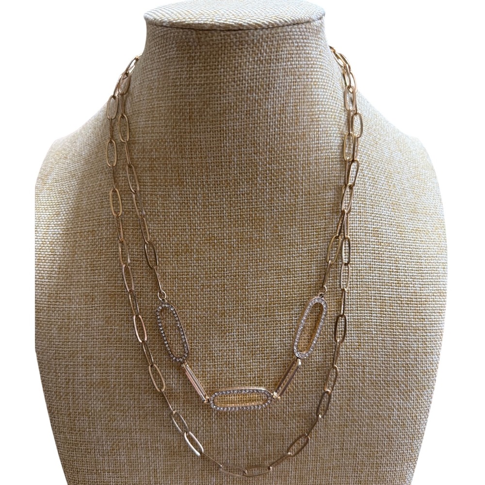 Gold‎ Tone Double Layered Paperclip Chain Necklace Crystal Pavé Oval Layer